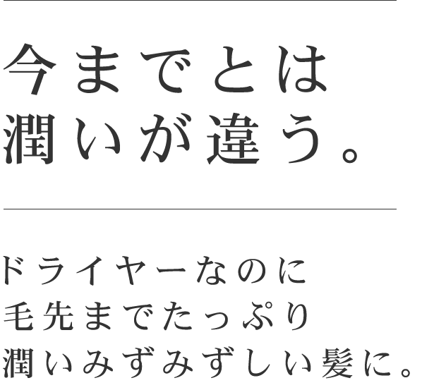 今までとは潤いが違う。ドライヤーなのに毛先までたっぷり潤いみずみずしい髪に。